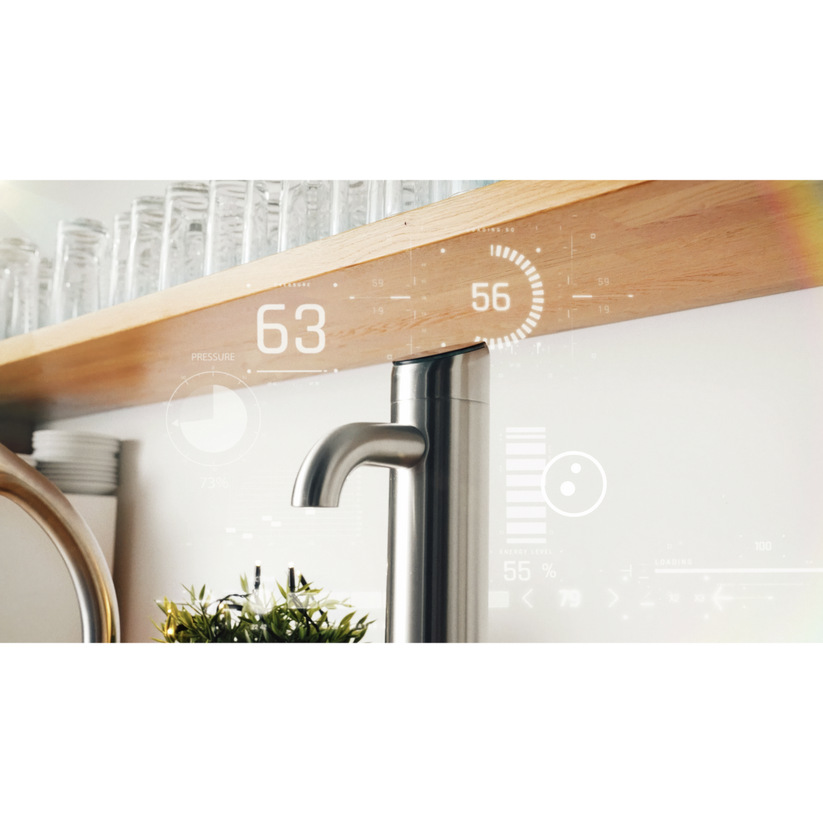 BRITA Extra I-Tap water dispenser tap in a modern kitchen setting with digital monitoring indicators overlaid in the background.